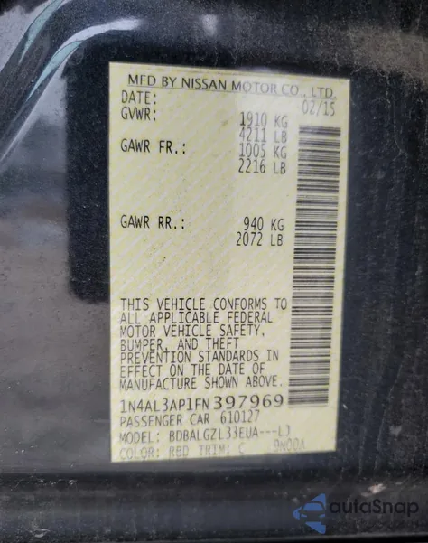 2015 Nissan Altima 2.5/S/Sv/Sl from USA, damaged, VIN 1N4AL3AP1FN397969